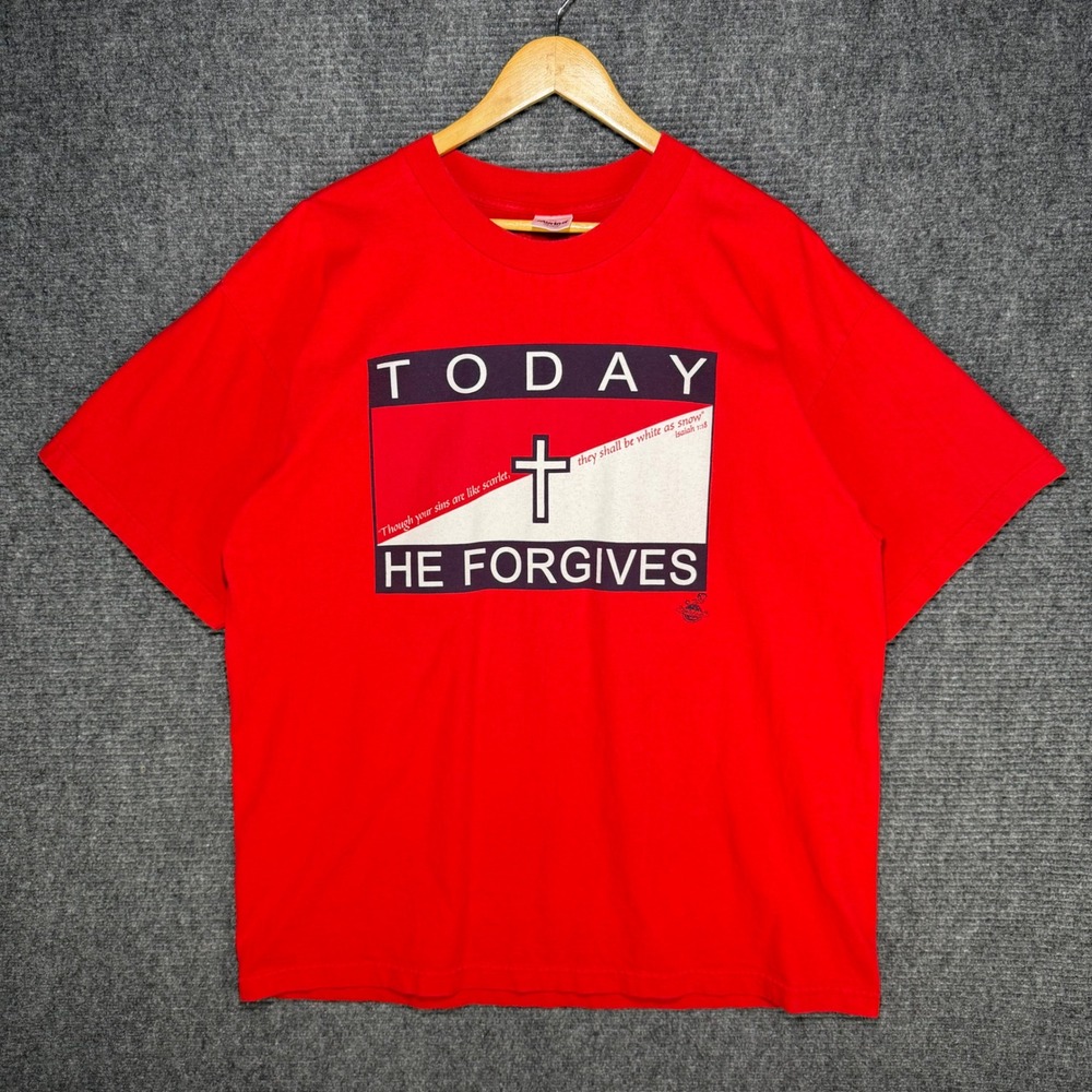 Vintage 90s Jesus Tee Today He Forgives Red Murina USA Cotton Shirt XXL